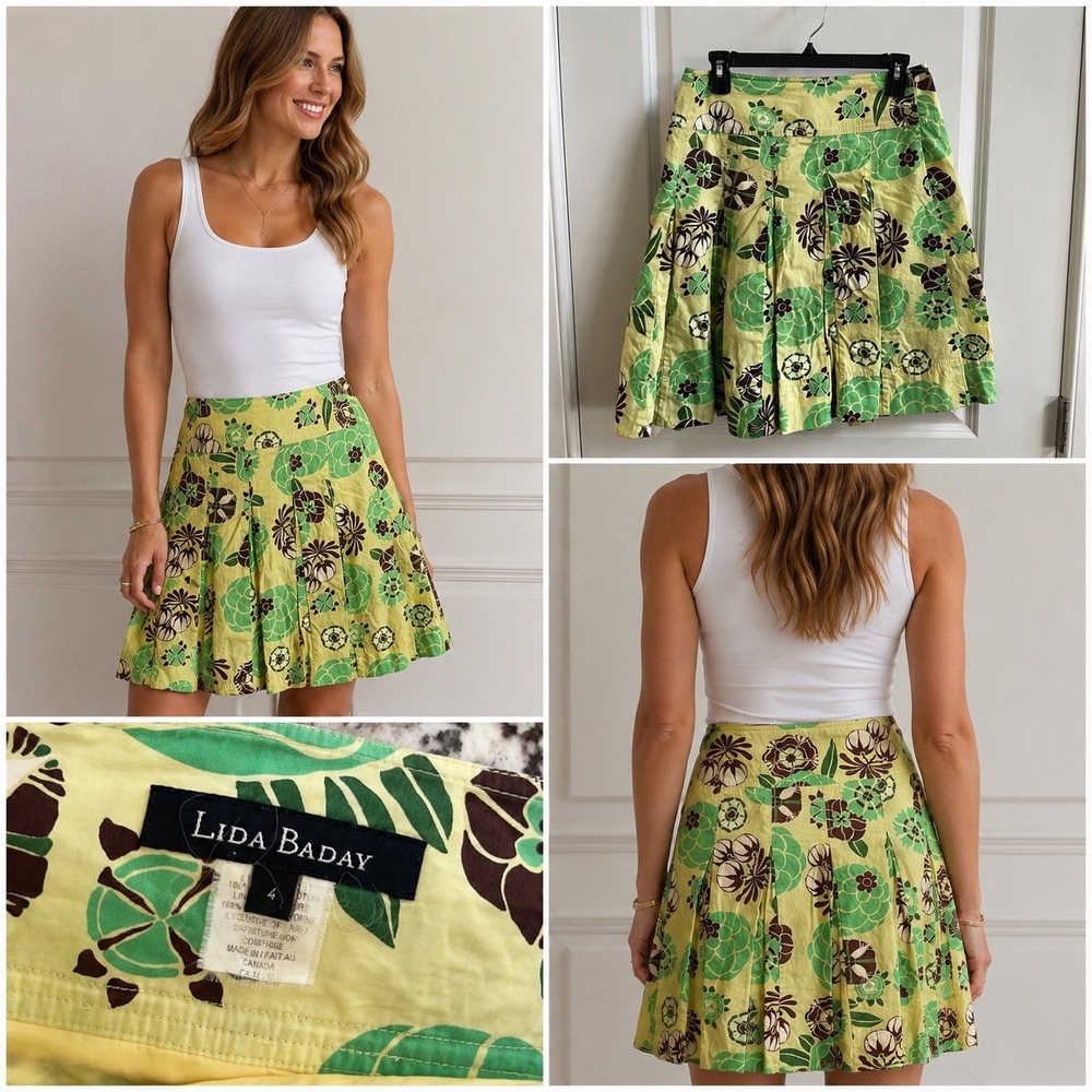 Lida Baday Floral Pleated Skirt Womens 4 Green Yellow Tropical A-Line Cotton